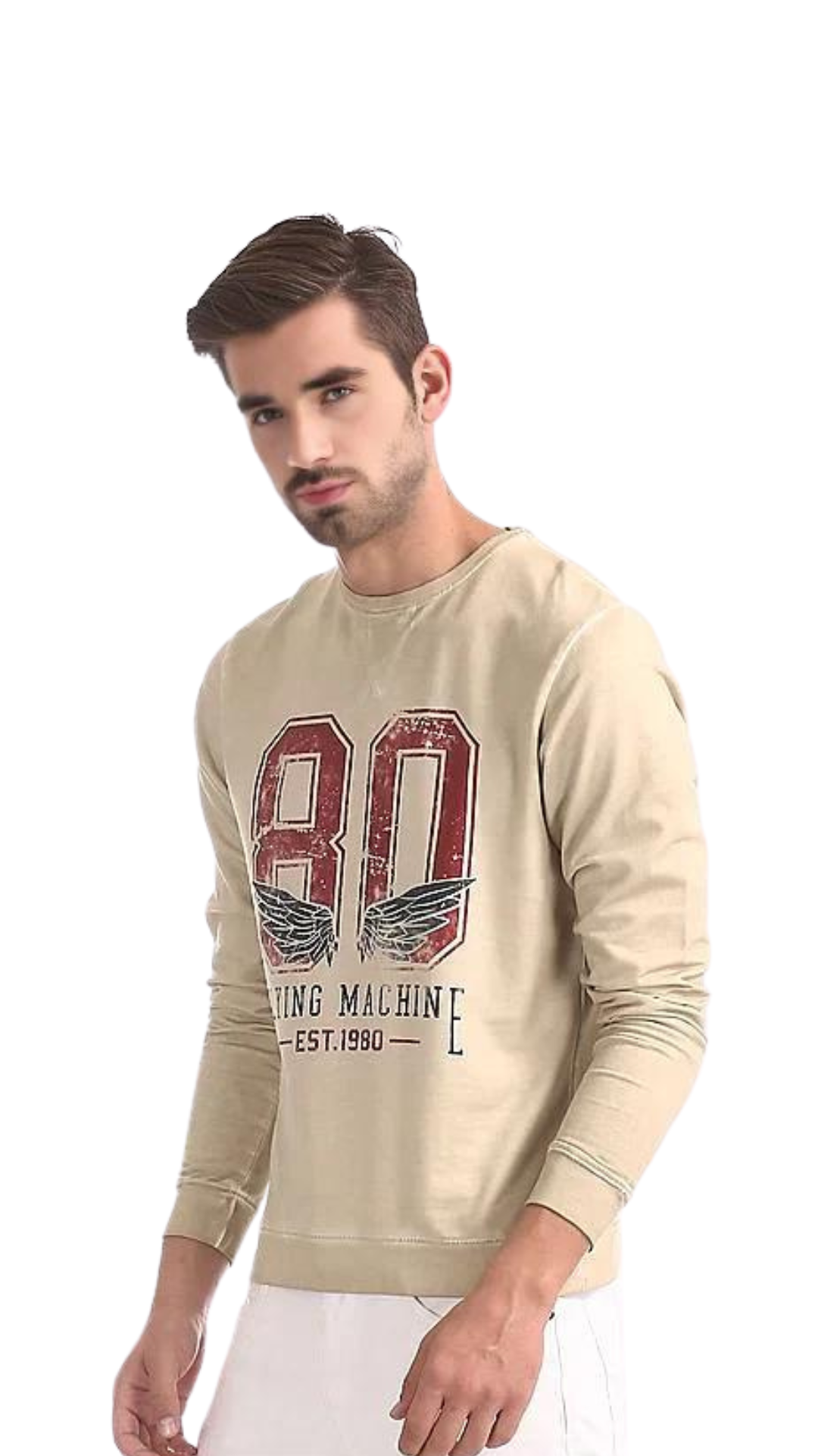 Flying Machine Beige Distressed Print Washed Sweatshirt