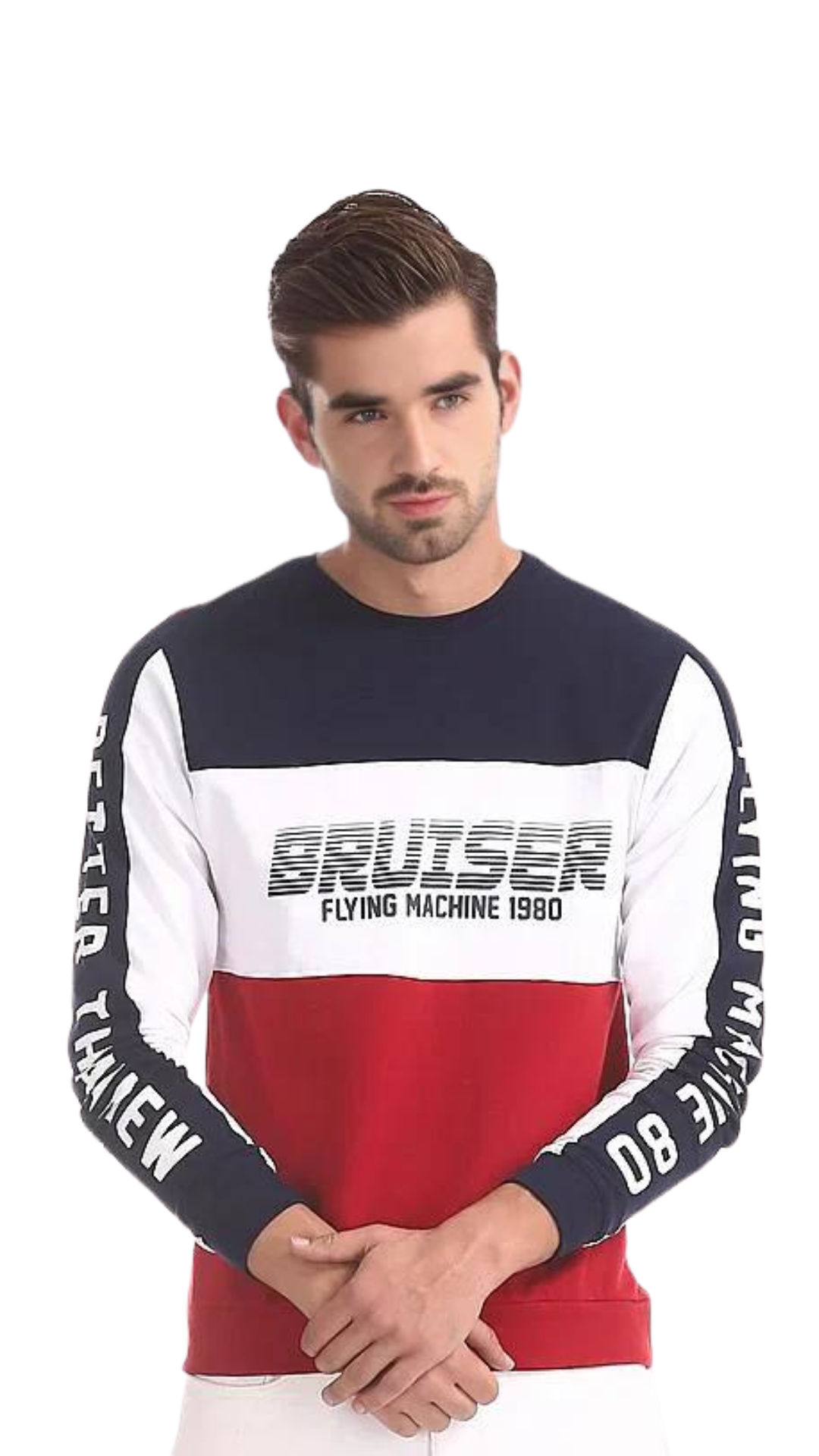 Flying Machine Red Colour Block Cotton Sweatshirt