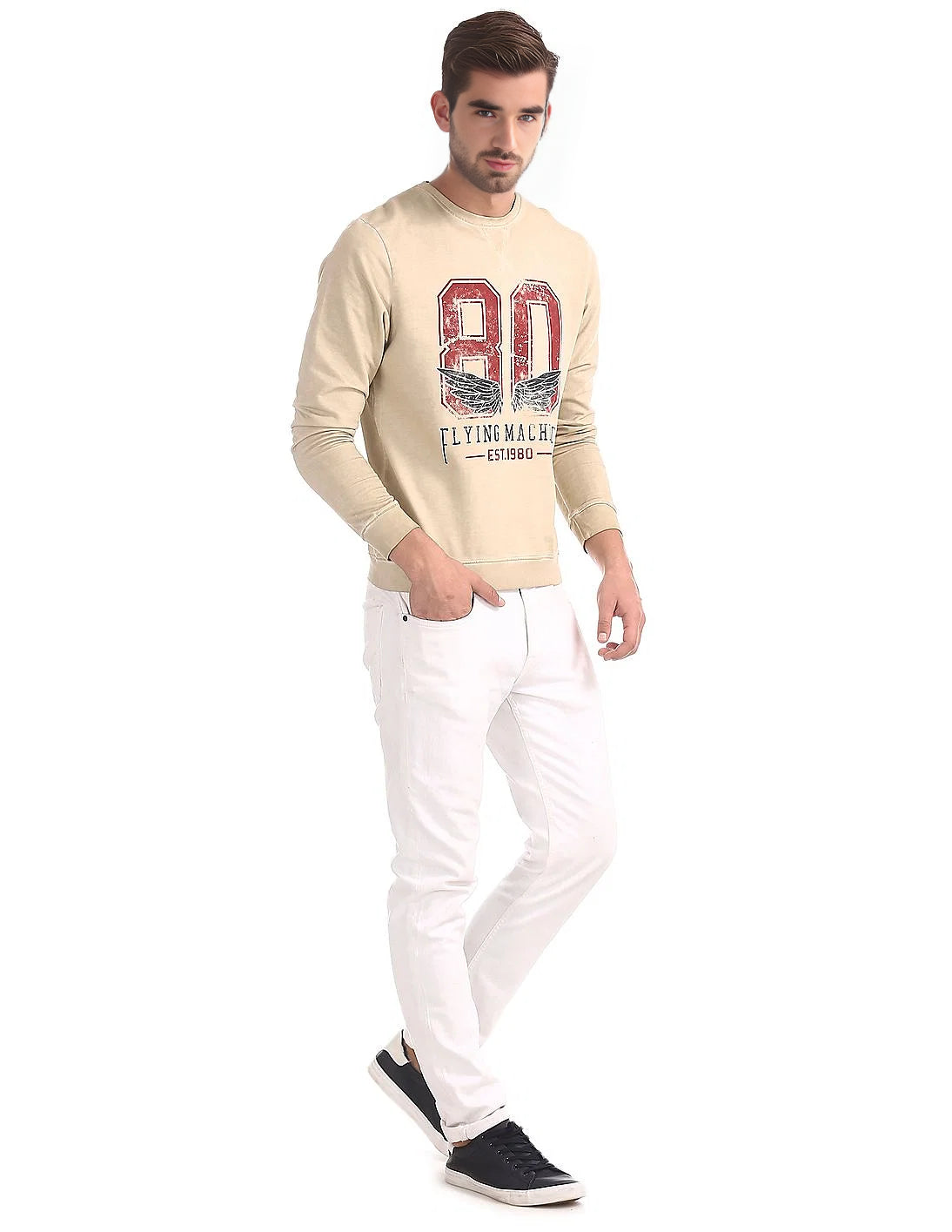 Flying Machine Beige Distressed Print Washed Sweatshirt